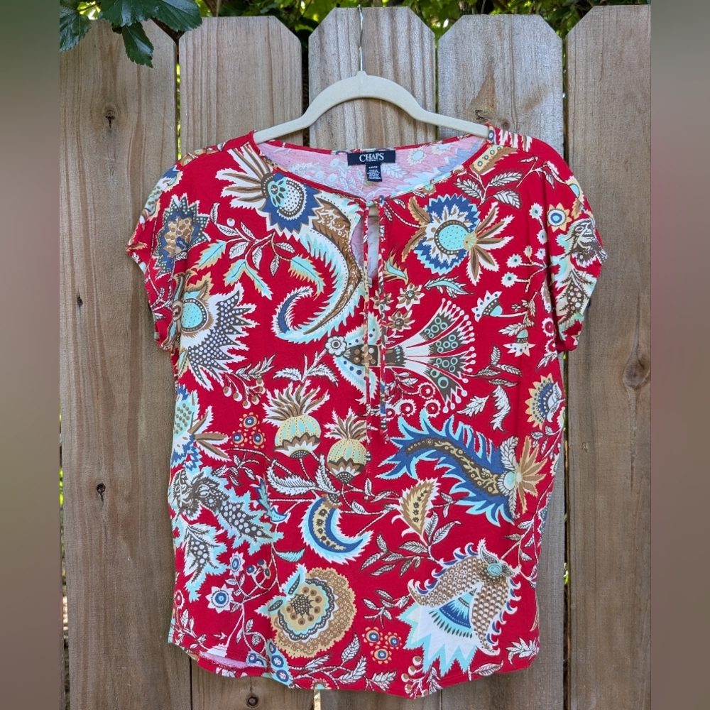 Chaps Women's Red Floral Paisley Patterned Dolman Tee